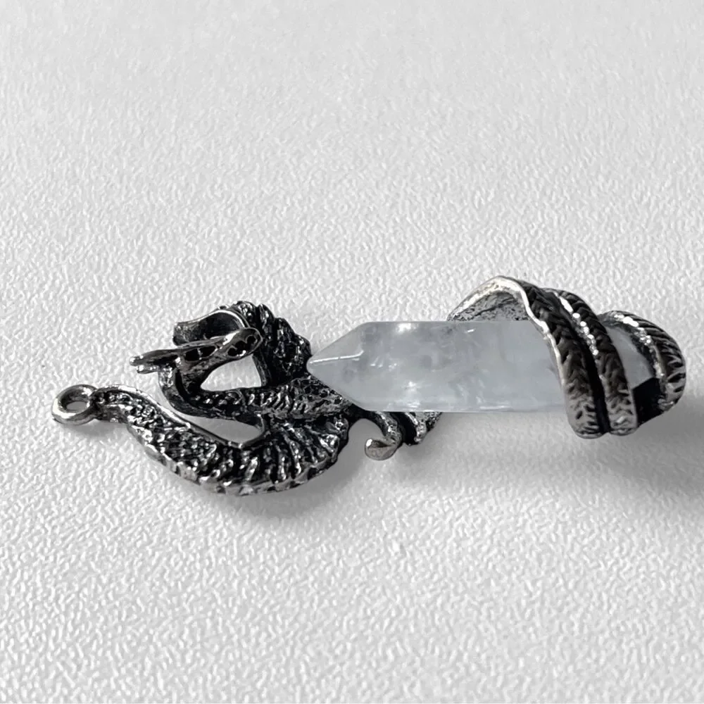 Dragon Quartz Crystal Pendant Medieval Fantasy Magic Silver Tone Unisex Men